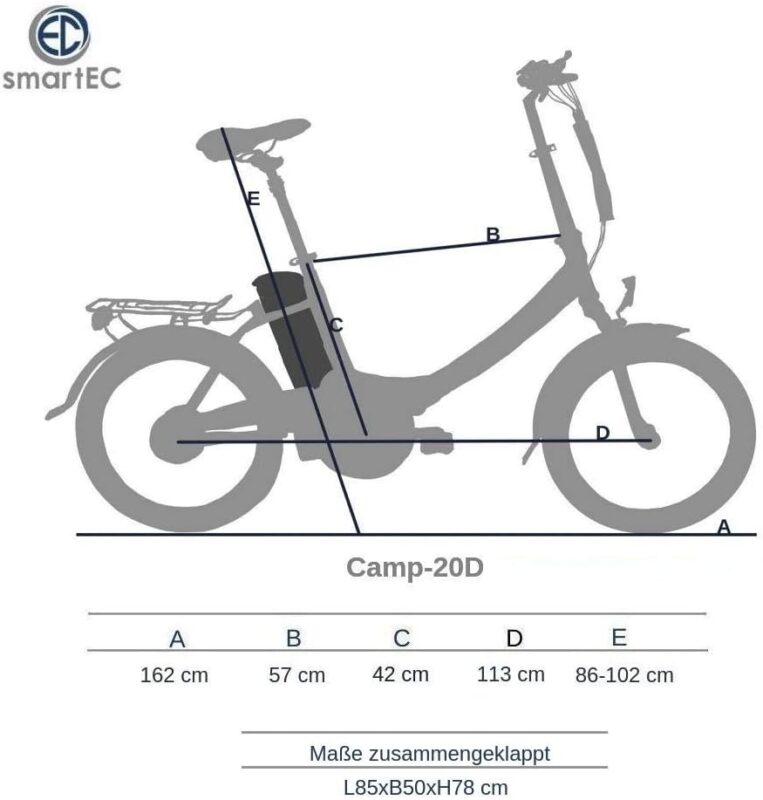 Camp-20D E-Bike Folding Bike 250 W Rear Wheel Motor Li-Ion Battery 36 V/15.6 Ah 20 Inch E-Folding Bike Electric Bicycle Range 100 km to 25 km/h