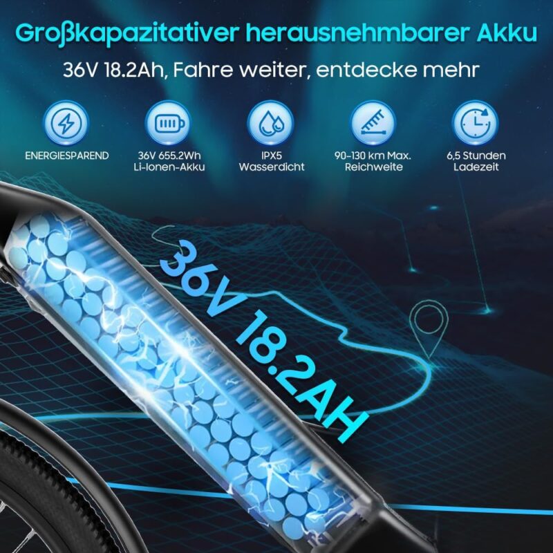 26T1 Electric Bicycle 26 Inch E-Bike, 36 V 18.2 Ah Removable Battery, 250 W Motor, LCD Display, 7 Speed, Range 90-130 km, 25 km/h, IPX5 Waterproof for Adults