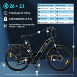 26T1 Electric Bicycle 26 Inch E-Bike, 36 V 18.2 Ah Removable Battery, 250 W Motor, LCD Display, 7 Speed, Range 90-130 km, 25 km/h, IPX5 Waterproof for Adults