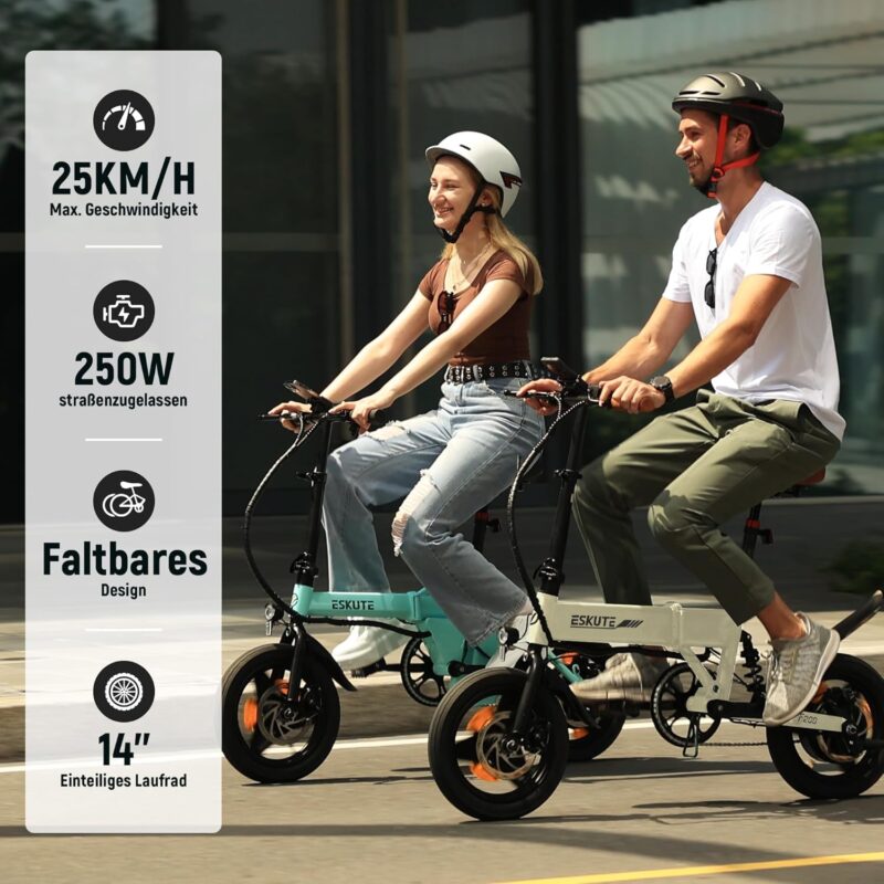 ESKUTE E Bike Herren F200, 14 Zoll Klapprad Elektrofahrrad, 36V 7.8Ah Akku Lange Reichweite bis 35-50KM, Mini Faltbike mit Handyhalterung & USB-Ladeanschluss, E-Mountainbike
